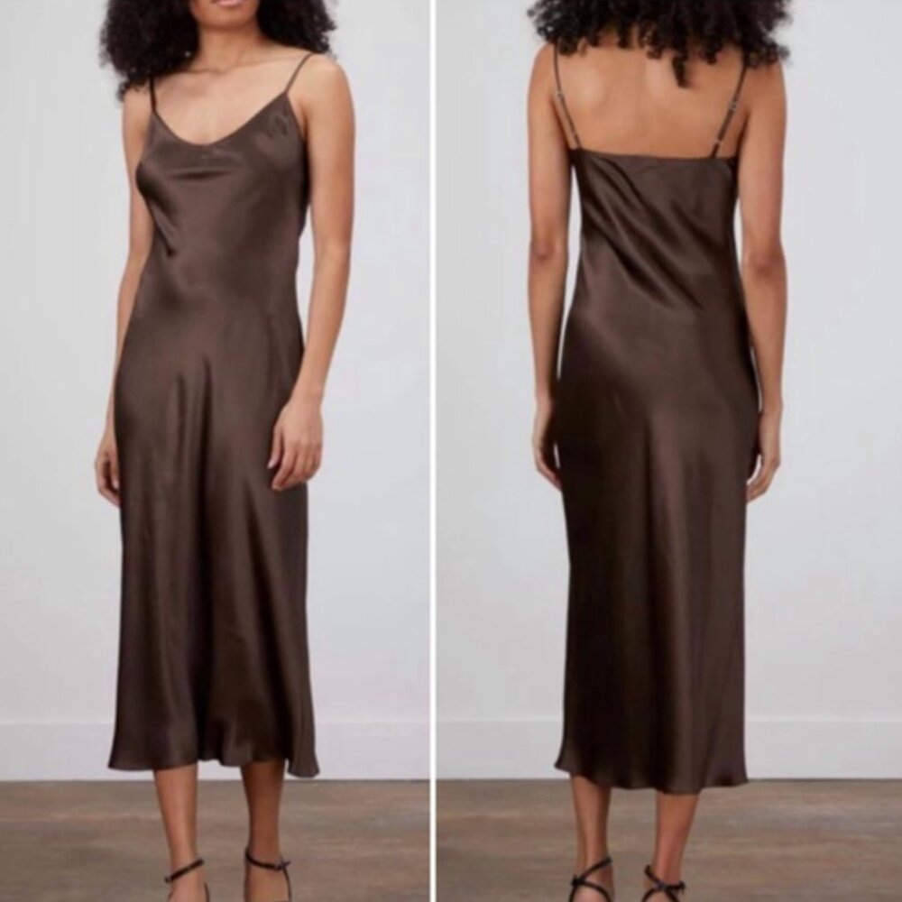 Sablyn Taylot Midi Silk Slip Dress Brown, Size S